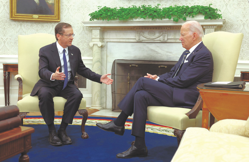  PRESIDENT ISAAC HERZOG meets with US President Joe Biden in the Oval Office at the White House on Tuesday (photo credit: KEVIN DIETSCH/GETTY IMAGES)