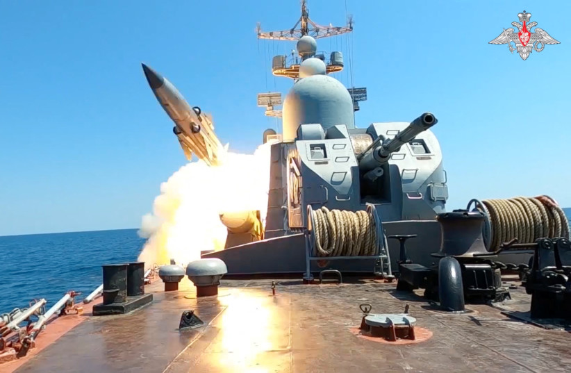 A still image from a video, released by Russia's Defence Ministry, shows what it said to be the guided missile ship Ivanovets firing a rocket during drills in the Black Sea, in this image taken from video released July 21, 2023. (photo credit: Russian Defense Ministry/Reuters)