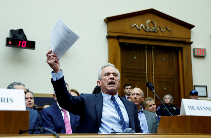  Democratic presidential candidate Robert F. Kennedy Jr. testifies at a House Judiciary Select Weaponization of the Federal Government Subcommittee hearing, examining the Missouri v. Biden case, on Capitol Hill in Washington, DC, US, July 20, 2023. R (photo credit: REUTERS/JONATHAN ERNST)