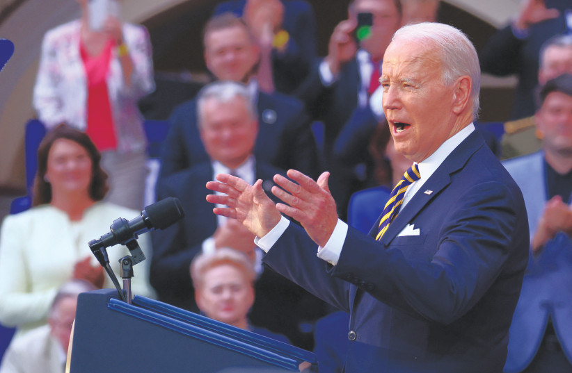 US PRESIDENT Joe Biden delivers remarks at Vilnius University during the NATO leaders’ summit in Lithuania, earlier this month (photo credit: YVES HERMAN/REUTERS)
