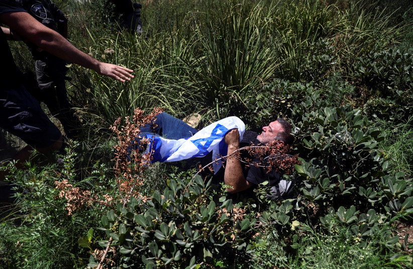  A protester lies in foliage during a demonstration against Israeli Prime Minister Benjamin Netanyahu and his nationalist coalition government's judicial reform, in Jerusalem July 24, 2023.  (photo credit: RONEN ZVULUN/REUTERS)