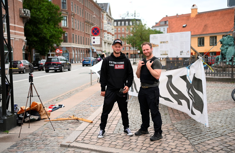  Protesters from the "Danish Patriots" demonstrate in front of the Iraqi embassy in Copenhagen, Denmark July 24, 2023. (photo credit: Ritzau Scanpix/Thomas Sjoerup/via REUTERS)