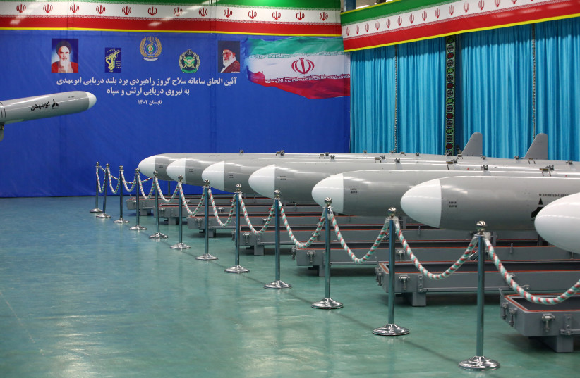  Iranian missiles called Abu Mahdi are displayed during the ceremony of joining the IRGC Navy and the Army, in Tehran, Iran, in this picture obtained on July 25, 2023. (photo credit: Iran's Defense Ministry/WANA (West Asia News Agency)/Handout via REUTERS)
