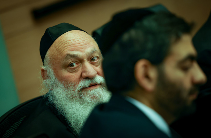  UTJ leader and Construction and Housing Minister Yitzhak Goldknopf is seen at a Knesset committee meeting in Jerusalem, on July 10, 2023. (photo credit: CHAIM GOLDBEG/FLASH90)