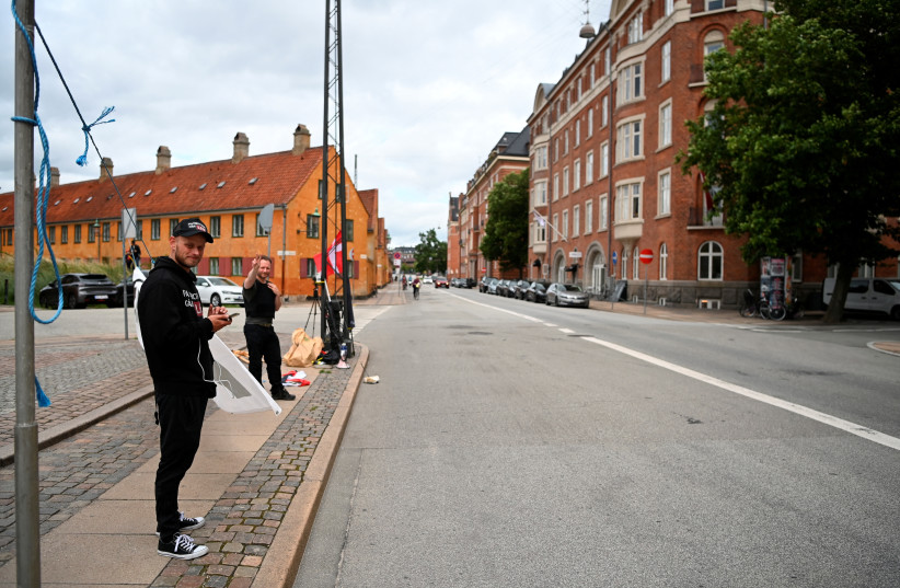 Protesters from the "Danish Patriots" demonstrate in front of the Iraqi embassy in Copenhagen, Denmark July 24, 2023 (photo credit: Ritzau Scanpix/Thomas Sjoerup/via REUTERS)
