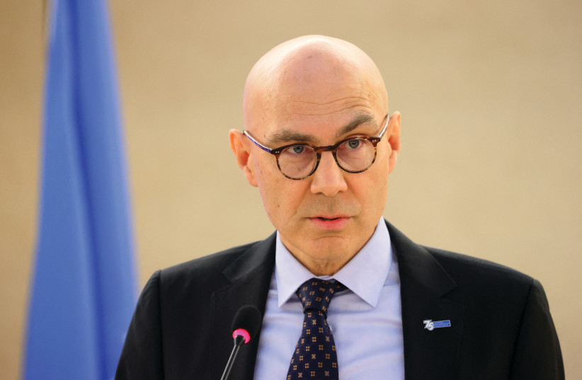  UN HIGH Commissioner for Human Rights Volker Turk attends a meeting of the Human Rights Council, in Geneva, earlier this year. (photo credit: DENIS BALIBOUSE/REUTERS)