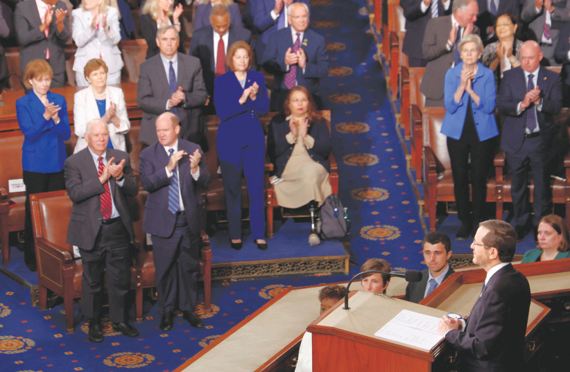  PRESIDENT ISAAC HERZOG receives a standing ovation during his appearance before a joint session of Congress last week. (photo credit: JONATHAN ERNST)