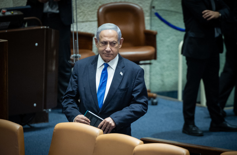  Israeli prime minister Benjamin Netanyahu attends a vote on the reasonableness bill at the assembly hall of the Knesset, the Israeli parliament in Jerusalem on July 24, 2023.  (photo credit: YONATAN SINDEL/FLASH90)