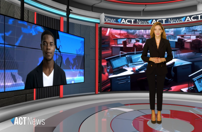   ACT NEWS' digital newsroom, featuring a digital clone of Miri Michaeli; Michaeli's digital clone passes off the news to Amit Segal's digital clone. (photo credit: ACT NEWS)