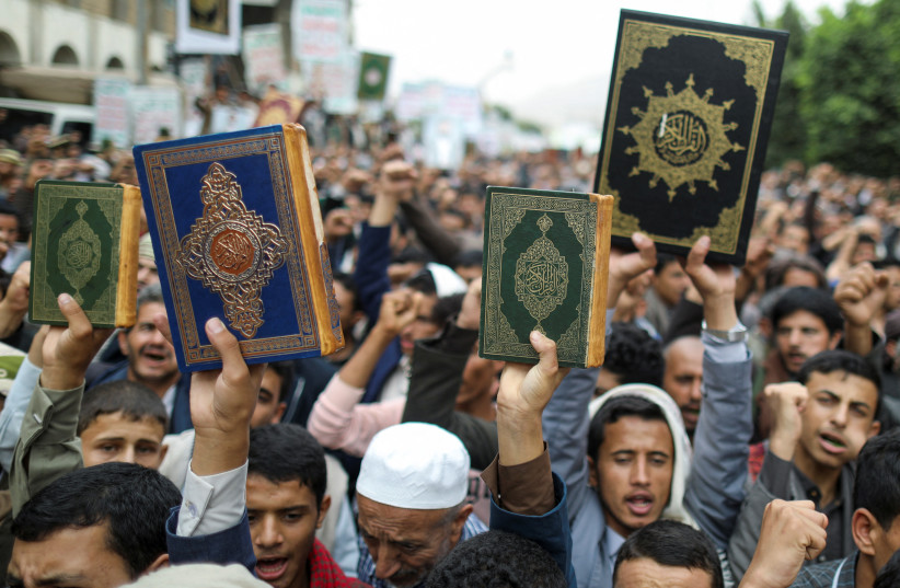  People demonstrate against the desecration of the Quran in Denmark, in Sanaa, Yemen July 24, 2023. (photo credit: REUTERS/KHALED ABDULLAH)