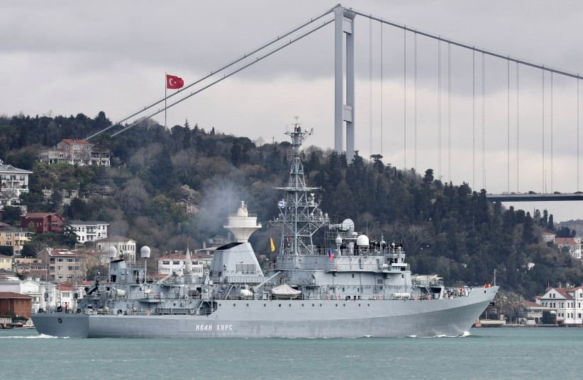  Russian Navy's intelligence-gathering vessel Ivan Khurs sails in the Bosphorus, on its way to the Mediterranean Sea, in Istanbul, Turkey March 30, 2021 (photo credit: REUTERS/YORUK ISIK)