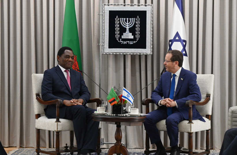  Zambian President Hakainde Hichilema is seen meeting with Israeli President Isaac Herzog in the President's Residence, on August 1, 2023. (photo credit: HAIM ZACH/GPO)