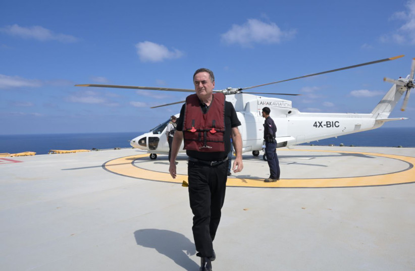  Energy Minister Israel Katz is seen visiting the Leviathan Gas Rig in the Mediterranean Sea, on August 2, 2023. (photo credit: SHLOMI AMSALEM/GPO)