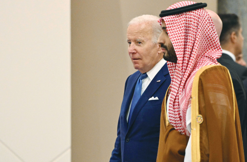  US PRESIDENT Joe Biden and Saudi Crown Prince Mohammed bin Salman attend the Gulf Cooperation Council +3 meeting in Jeddah, last summer. (photo credit: MANDEL NGAN/REUTERS)