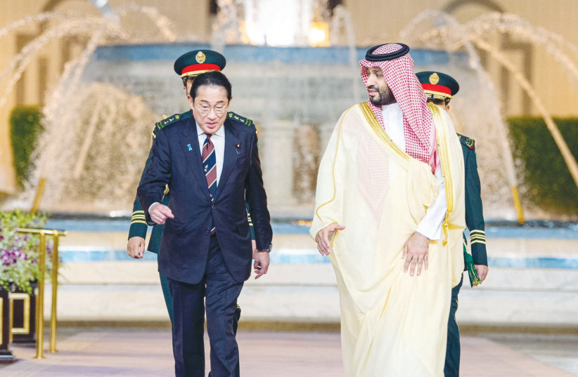  SAUDI ARABIA’S Crown Prince Mohammed bin Salman receives Japan’s Prime Minister Fumio Kishida in Jeddah, last month. (photo credit: SAUDI PRESS AGENCY/REUTERS)