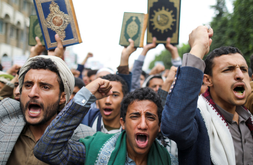  People demonstrate against the desecration of the Quran in Denmark, in Sanaa, Yemen July 24, 2023.  (photo credit: REUTERS/KHALED ABDULLAH)