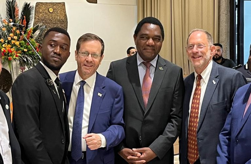  From right: Gigawatt Global CEO Josef Abramowitz, Zambian President Hakainde Hichilema, President Isaac Herzog and a Zambian student studying in Israel at the President's Residence in August 2023. (photo credit: Lynn Schler)
