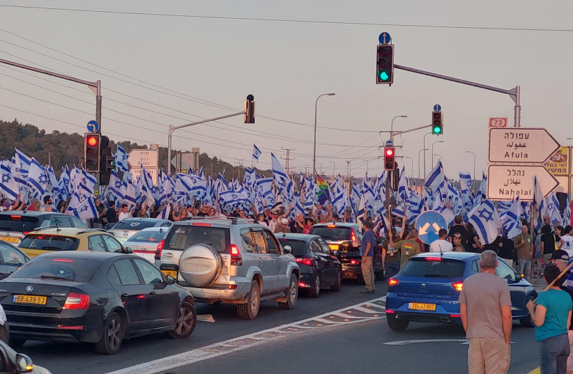  Protestors blocking Nahelel junction, August 5, 2023. (photo credit: Zeev Man)
