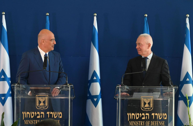  Defense Minister Yoav Gallant is seen meeting with Greek Defense Minister Nikos Dendias in Jerusalem, on August 7, 2023. (photo credit: ARIEL HARMONI/DEFENSE MINISTRY)