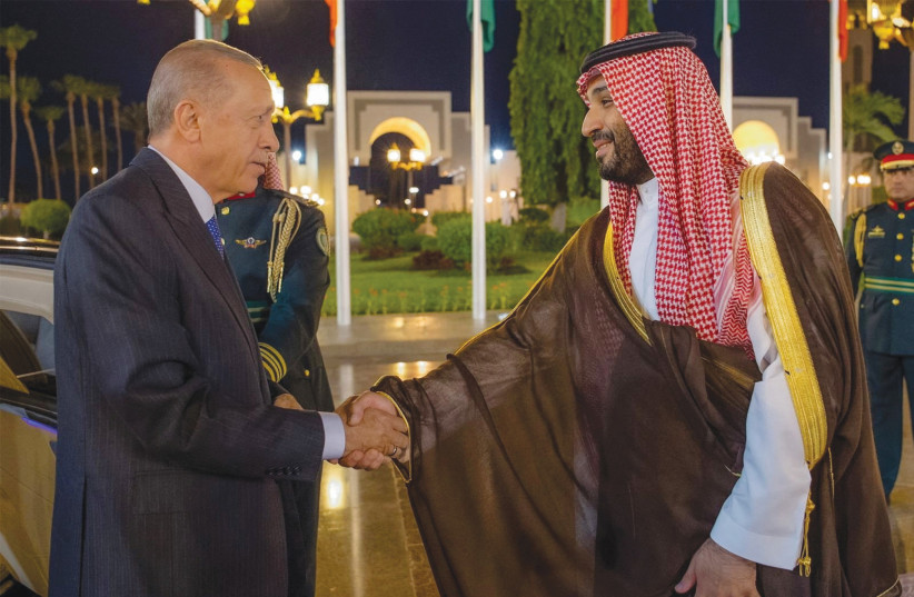  SAUDI ARABIA’S Crown Prince Mohammed bin Salman meets Turkish President Tayyip Erdogan in Jeddah, last month. (photo credit: SAUDI PRESS AGENCY/REUTERS)