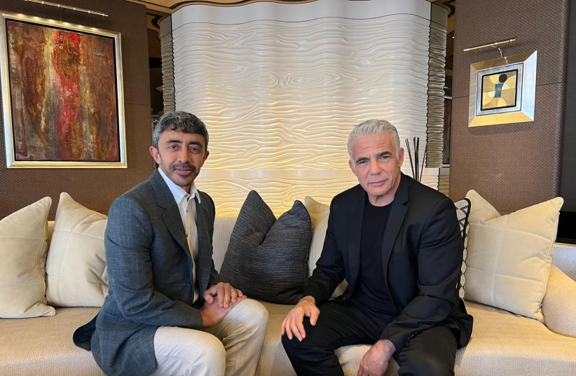  Opposition head Yair Lapid meets with Emirati foreign minister Abdullah bin Zayed Al Nahyan on August 8, 2023  (photo credit: YESH ATID)
