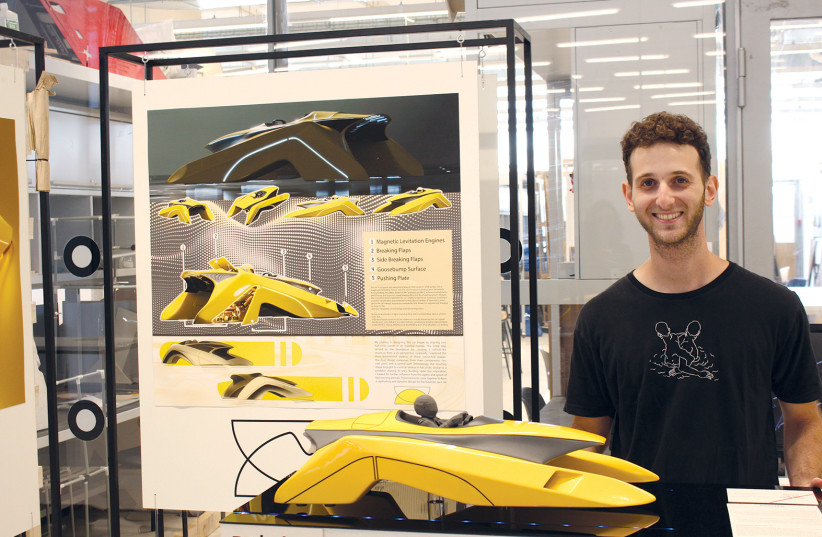  DANIEL COHEN displays his futuristic racecar with magnetic levitation engines.  (photo credit: BEN BRESKY)