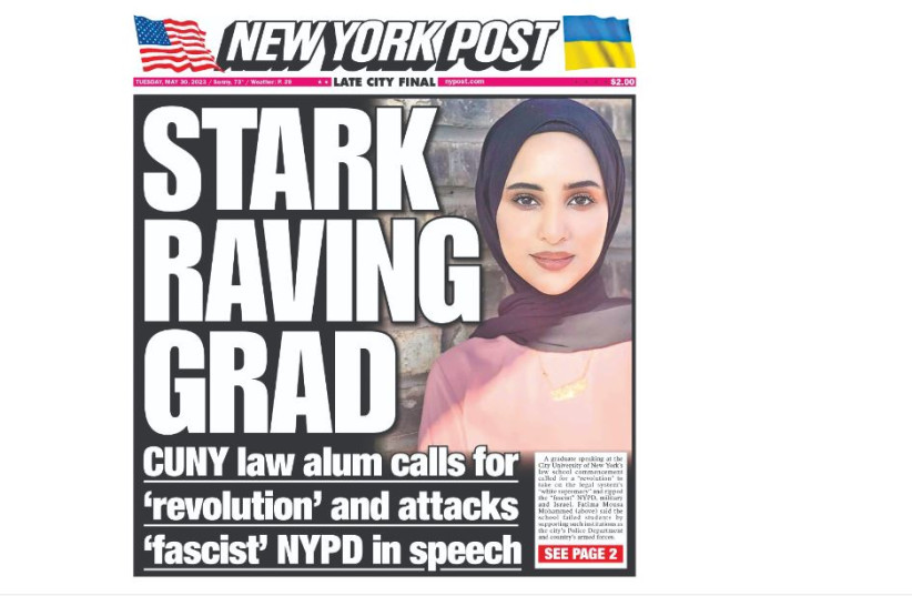  The front page of the ‘New York Post’ after Fatima Mohammed’s CUNY commencement speech  (photo credit: NEW YORK POST)