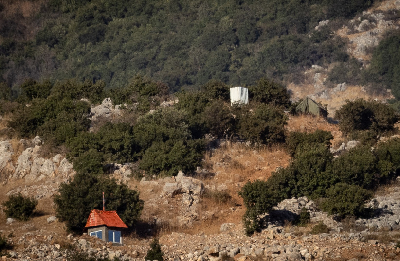  View of a Hezbollah tent that was placed on the Israeli side of the Blue Line, on the border between Israel and Lebanon. August 10, 2023. (photo credit: Chaim Goldberg/Flash90)