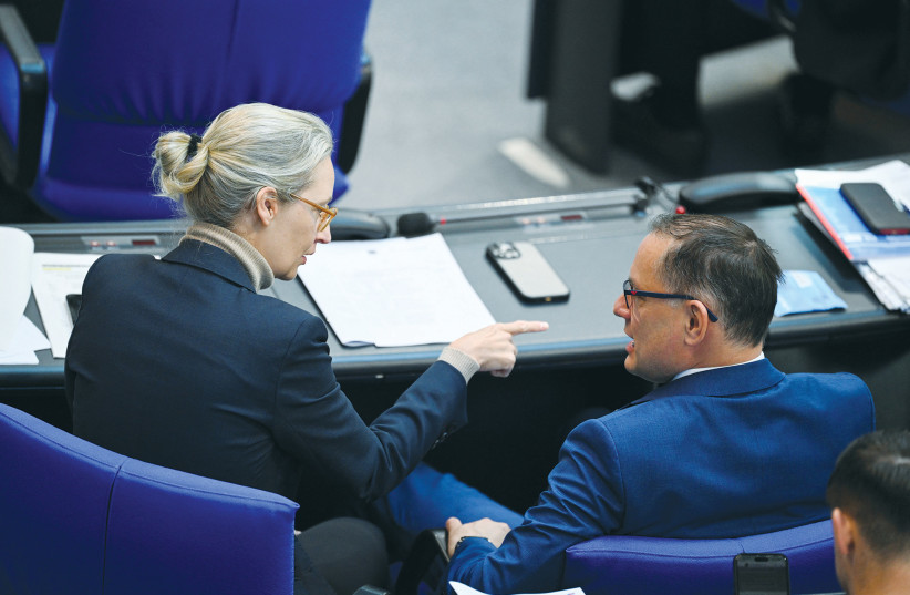  CO-LEADERS OF the far-right German AfD party, Alice Weidel and Tino Chrupalla, attend a plenary session of the Bundestag, earlier this year.  (photo credit: ANNEGRET HILSE / REUTERS)