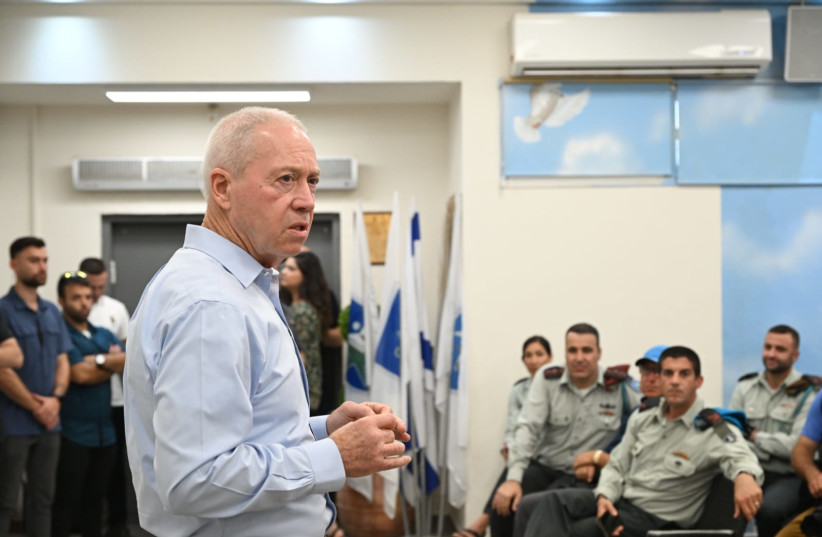  Defense Minister Yoav Gallant seen at the IDF induction center in Tel Aviv on August 13, 2023 (photo credit: ARIEL HERMONI/DEFENSE MINISTRY)