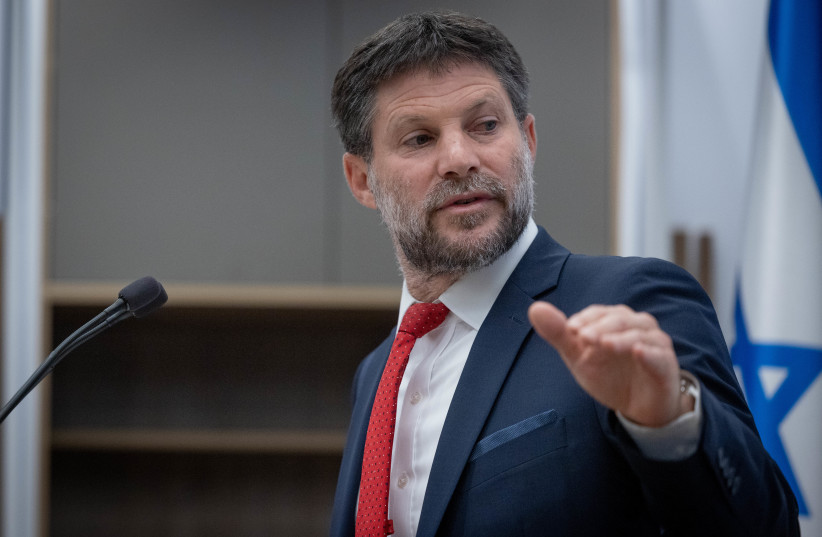  Finance Minister Bezalel Smotrich speaks during a press conference at the Finance Ministry in Jerusalem on August 9, 2023.  (photo credit: CHAIM GOLDBEG/FLASH90)