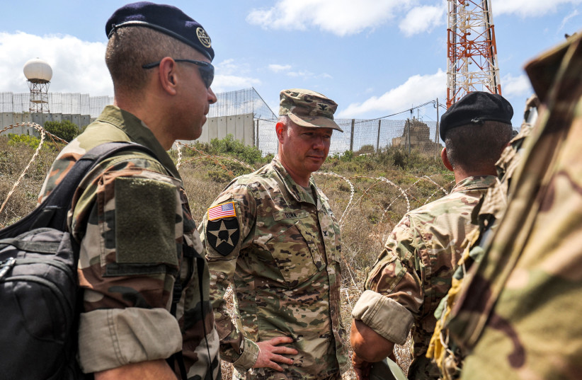  A US army officer and other representatives of the five permanent UN Security Council members are briefed about the border situation with Israel during a tour near Naqura in southern Lebanon on August 8, 2023. (photo credit: ANWAR AMRO/AFP VIA GETTY IMAGES)