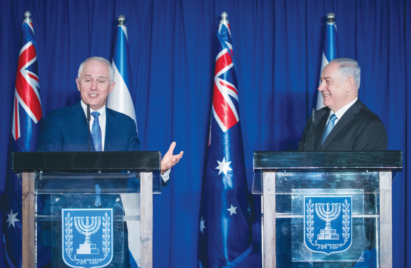   PRIME MINISTER Benjamin Netanyahu and then-Australian counterpart Malcolm Turnbull hold a news conference in Jerusalem, in 2017. No previous Australian government has made a habit of using the term ‘occupied Palestinian territories,’ says the writer.  (photo credit: YONATAN SINDEL/FLASH90)