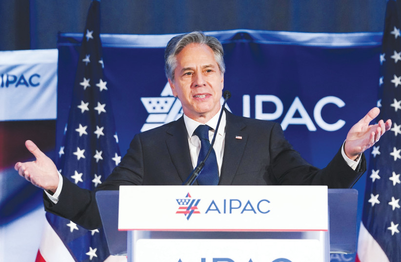  US SECRETARY of State Antony Blinken addresses the AIPAC Policy Summit in Washington in June. (photo credit: KEVIN LAMARQUE/REUTERS)