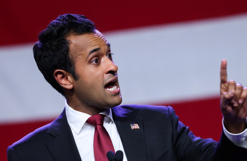  Republican presidential candidate Vivek Ramaswamy speaks at the Republican Party of Iowa's Lincoln Day Dinner in Des Moines, Iowa, U.S., July 28, 2023. (photo credit: REUTERS/SCOTT MORGAN)