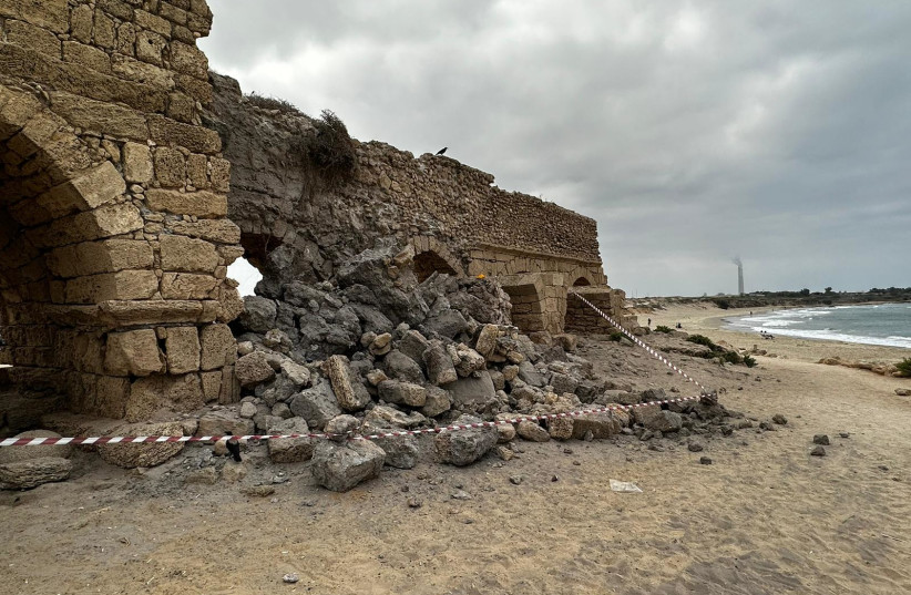  A section of the aqueduct in Caesarea which collapsed overnight. (photo credit: Muhammad Khater/IAA)