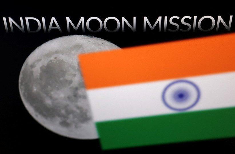 The words 'India Moon Mission', Moon and an Indian flag are seen in this illustration, August 21, 2023. (photo credit: REUTERS/DADO RUVIC/ILLUSTRATION)