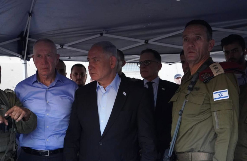 Prime Minister Benjamin Netanyahu, Defense Minister Yoav Gallant, and IDF Chief of Staff Herzi Halevi at a situation assessment following the Hebron terror attack, August 21, 2023. (photo credit: ARIEL HERMONI/MOD)