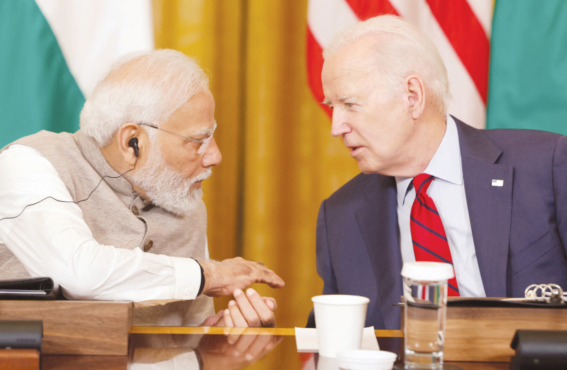  INDIA’S PRIME Minister Narendra Modi and US President Joe Biden talk during a meeting with senior officials and CEOs of American and Indian companies, at the White House in June. (photo credit: EVELYN HOCKSTEIN/REUTERS)