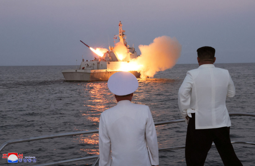  North Korean leader Kim Jong Un oversees a strategic cruise missile test aboard a navy warship in this undated photo released by North Korea's Korean Central News Agency (KCNA) on August 21, 2023.  (photo credit: REUTERS)