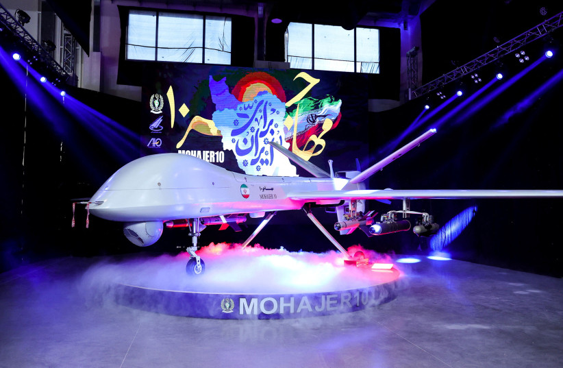  A new drone called "Mohajer 10" with a range of 2000 km, unveiled by Iran, is seen in Tehran, Iran, August 22, 2023 (photo credit: IRAN'S PRESIDENCY/WANA (WEST ASIA NEWS AGENCY)/HANDOUT VIA REUTERS)
