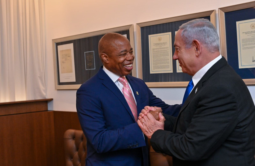  Israeli Prime Minister Benjamin Netanyahu is seen meeting with New York City Mayor Eric Adams in Jerusalem, on August 22, 2023. (photo credit: KOBI GIDEON/GPO)