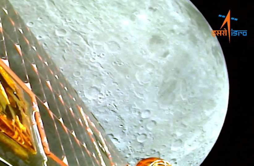  A view of the moon as viewed by the Chandrayaan-3 lander during Lunar Orbit Insertion on August 5, 2023 in this screengrab from a video released August 6, 2023. (photo credit:  ISRO/Handout via REUTERS)