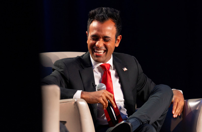  Republican presidential candidate Vivek Ramaswamy reacts at Erick Erickson's conservative political conference "The Gathering" in Atlanta, Georgia, US. August 19, 2023.  (photo credit: CHENEY ORR/REUTERS)