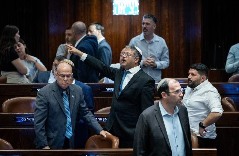 National Security Minister Itamar Ben Gvir during a discussion and a vote at the assembly hall of the Knesset in Jerusalem. July 30, 2023 (photo credit: YONATAN SINDEL/FLASH90)