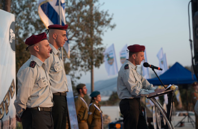 Outgoing Binyamin Regional Brigade commander Eliav Elbaz, incoming commander Liran Biton, and Judea and Samaria Division head Avi Blot at a change of command ceremony. (photo credit: IDF SPOKESPERSON'S UNIT)