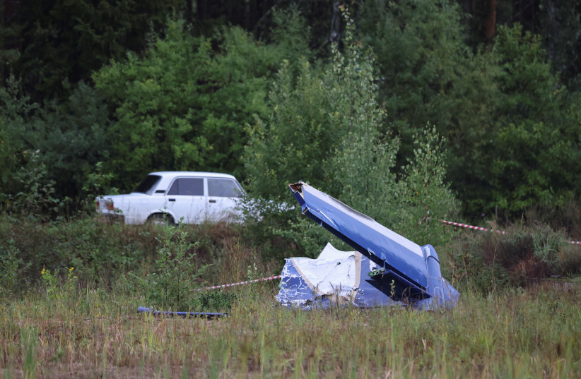  A wreckage of the private jet linked to Wagner mercenary chief Yevgeny Prigozhin is seen near the crash site in the Tver region, Russia, August 24, 2023 (photo credit: REUTERS/MARINA LYSTSEVA)