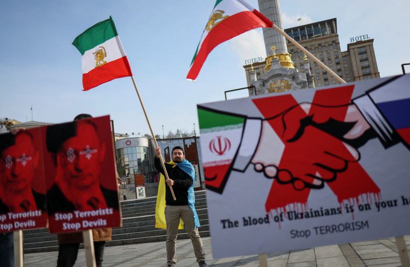 Iranians who live in Ukraine, attend a protest against Iran's government and deliveries of Iranian drones to Russia, amid Russia's attack on Ukraine, in central Kyiv, Ukraine October 28, 2022 (photo credit: REUTERS/GLEB GARANICH)