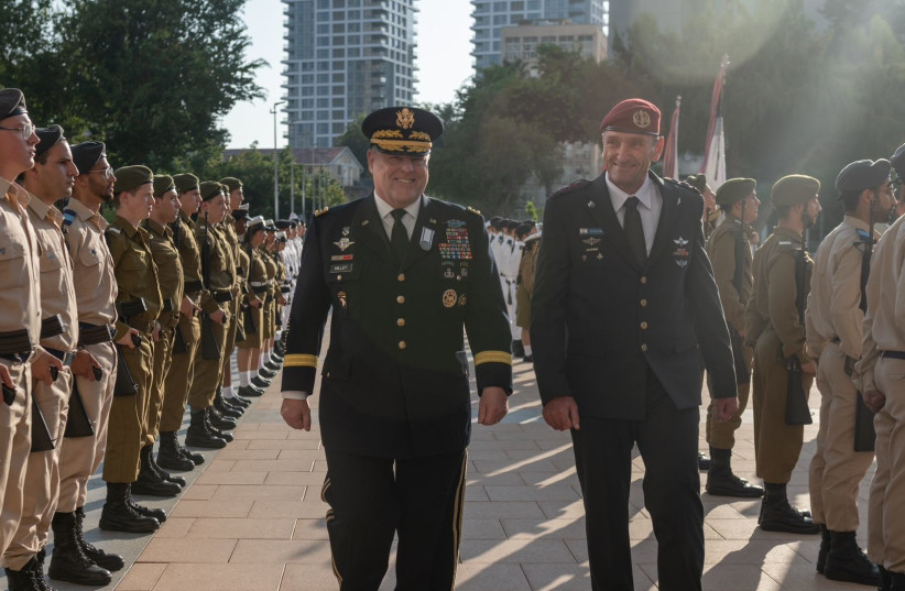  US Chairman of the Joint Chiefs of Staff Gen. Mark A. Milley (left) with IDF Chief of Staff Herzi Halevi (right) at the Kirya military headquarters. August 22, 2023 (photo credit: IDF SPOKESPERSON'S UNIT)