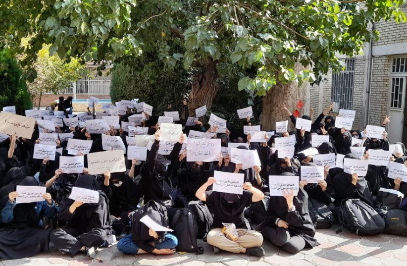  Students protest against the suspension of students at Alzahra University in Tehran. October, 2022. (photo credit: 1500tasvir)